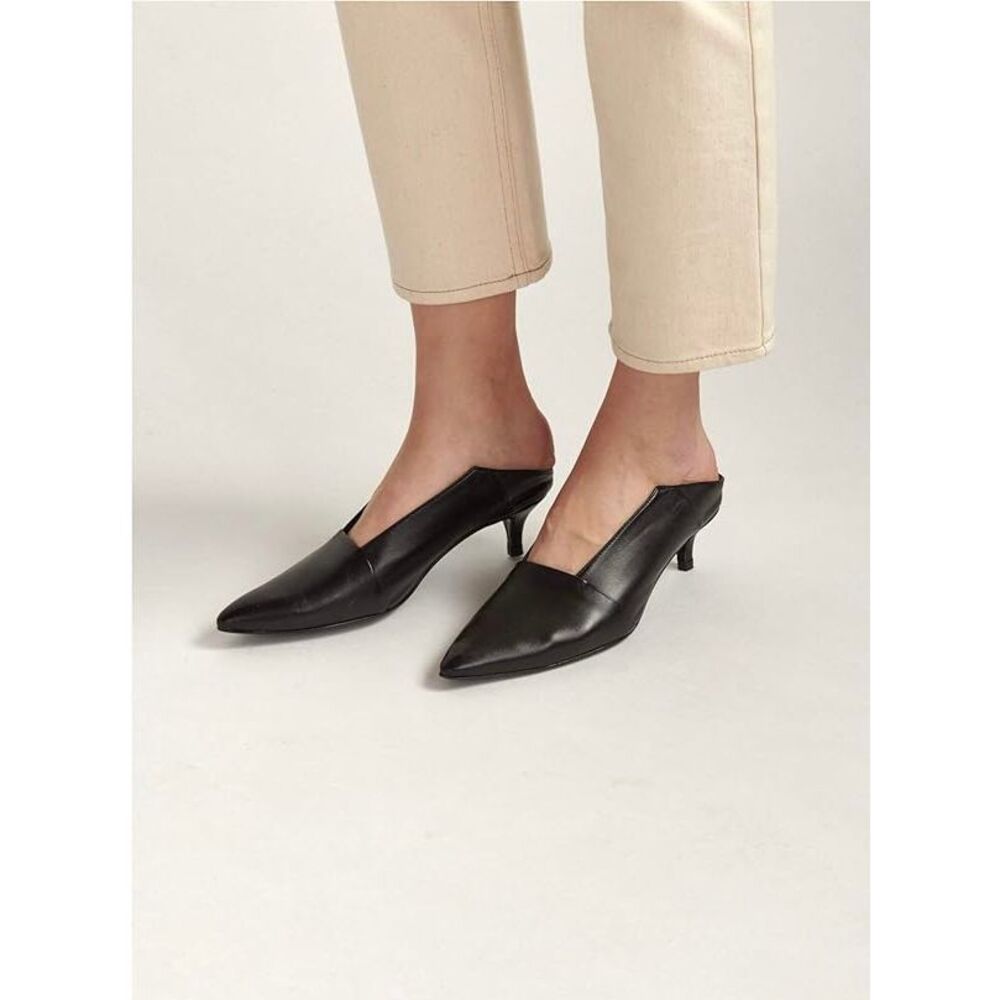 Thakoon Black Leather Kitten Heel Mule Square Pointed Toe Retro Vamp Pinup New